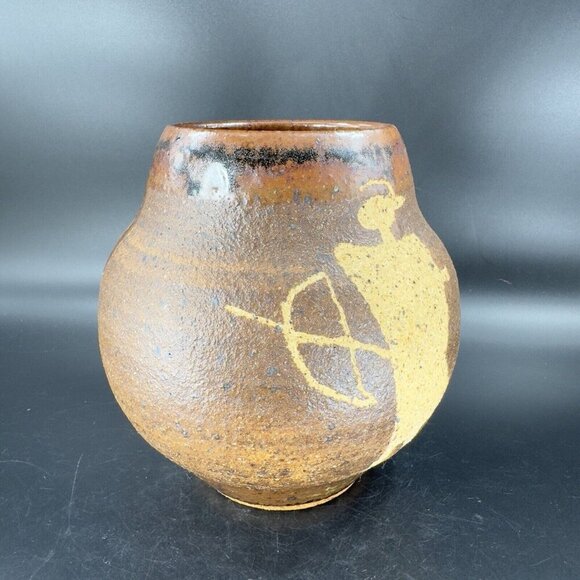 1997 Hand Made Primitive Style Pottery Vase Vessel Carved Brown Drip Glaze Vase - Picture 12 of 16